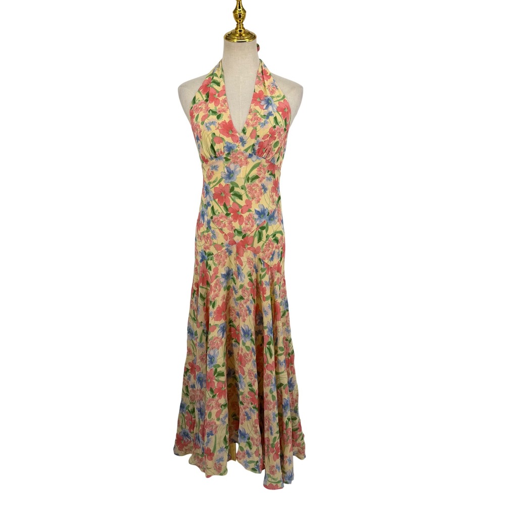 Reformation Briony Maxi Dress Womens 4 Yellow Floral Halter Neck Dropped Waist